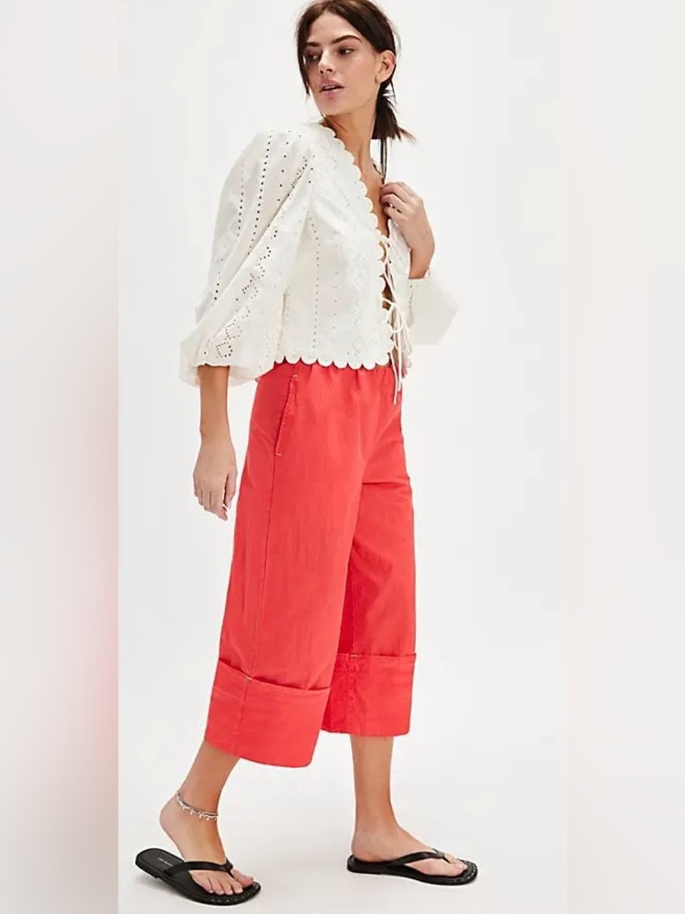 NWT Free People M Lula Cuff Pants in Flame Red Cropped Stretch Pockets New $78 - Picture 3 of 7